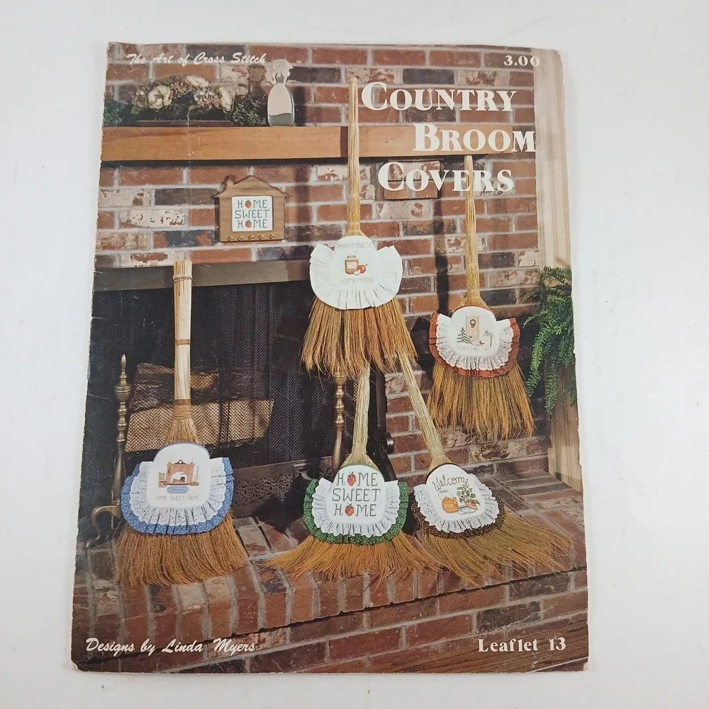 Vtg Cross Stitch 5 Craft Patterns Country Broom Covers Linda Myers 1982